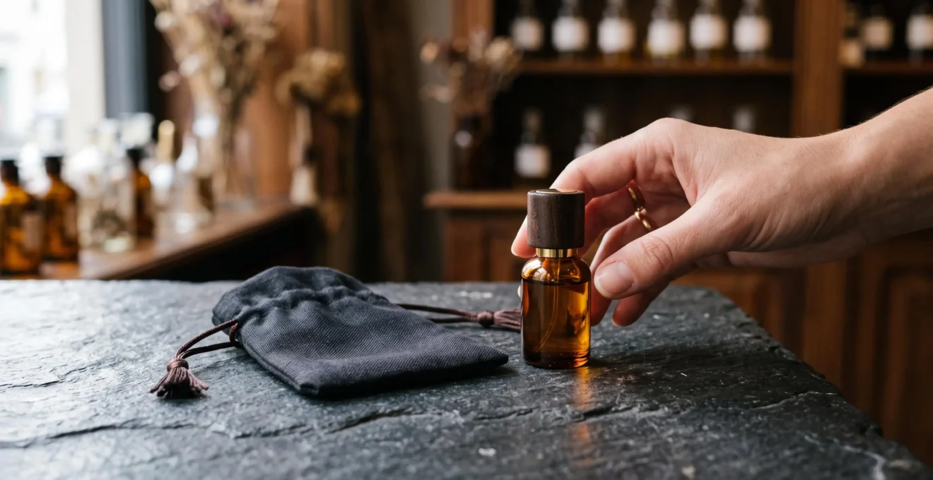 Un petit flacon d'extrait de parfum posé sur un comptoir en pierre sombre.