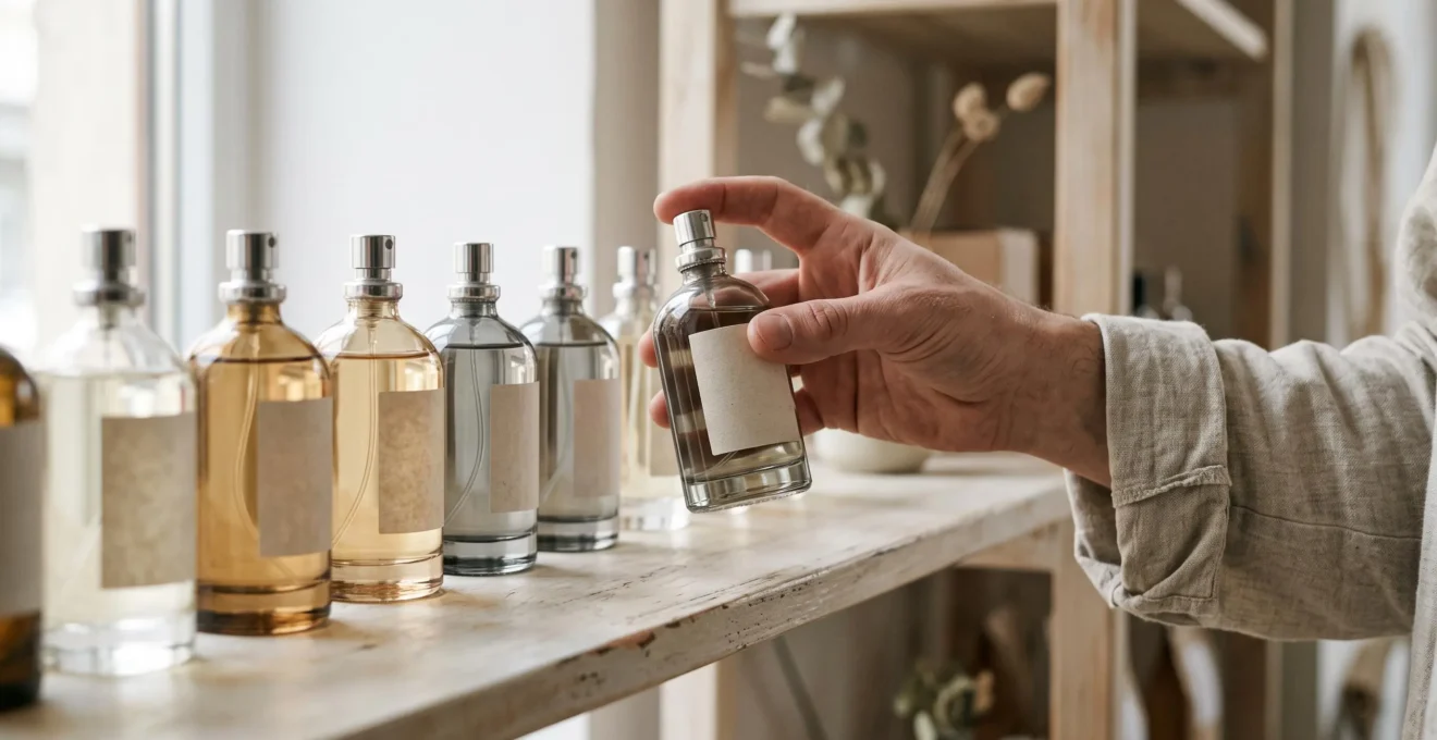 Plusieurs flacons de parfum aux packagings sobres alignés sur une étagère claire.