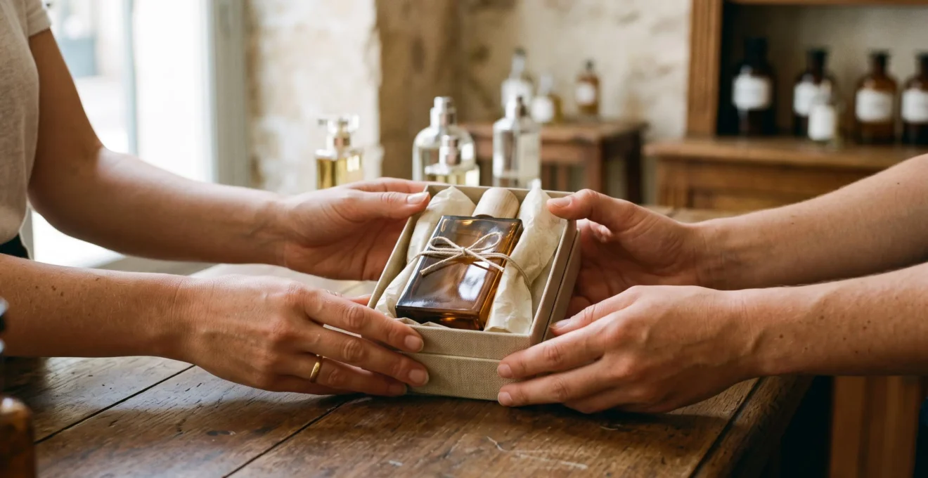 Deux mains présentent un coffret cadeau avec un flacon de parfum unisexe en boutique.